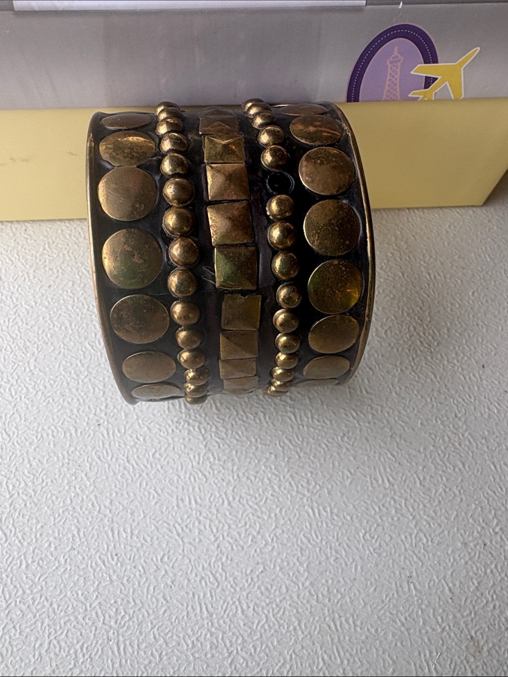 Vintage-Style Studded Bronze Cuff Bracelet - Brown/Gold